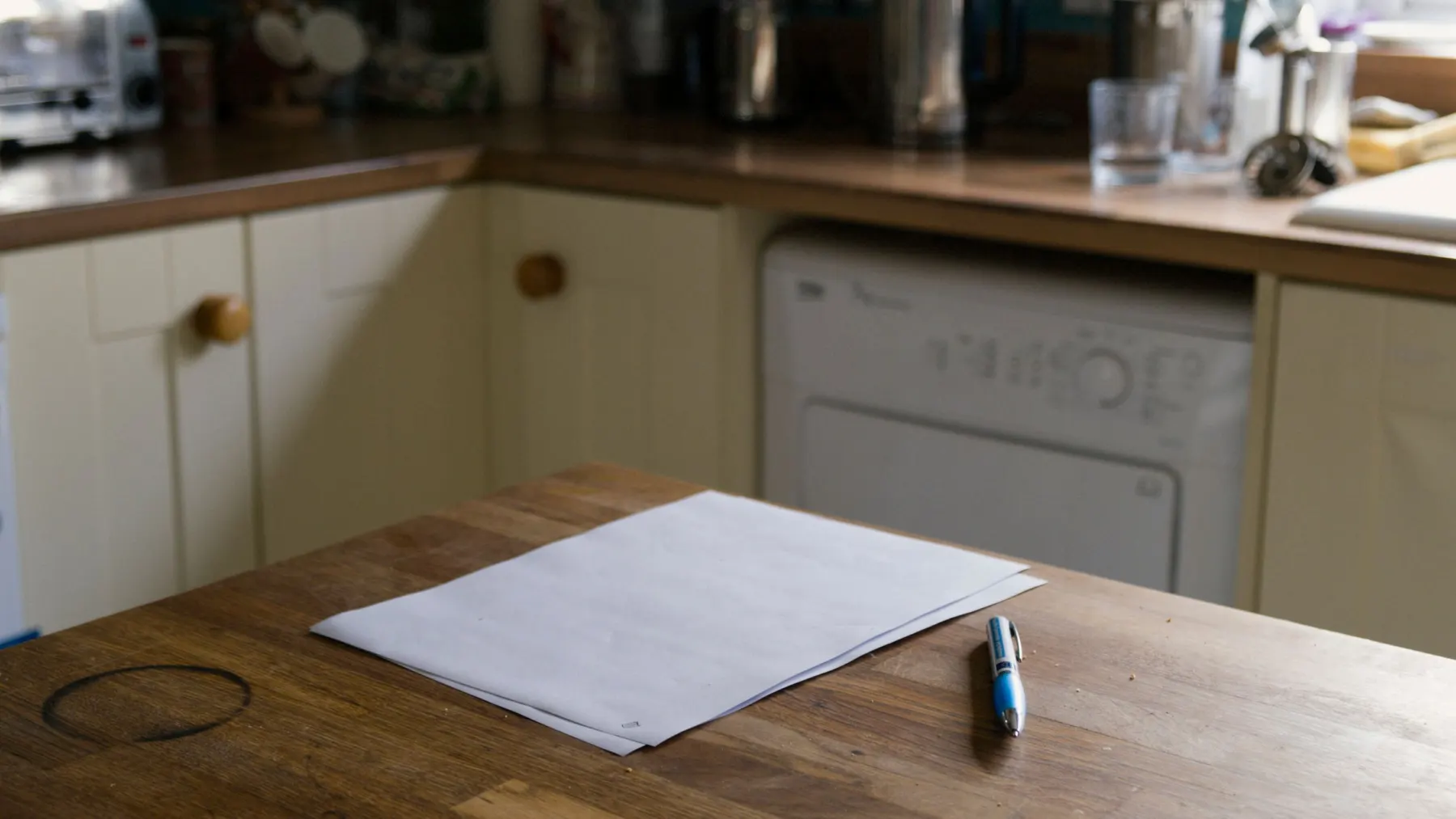Blank sheets of paper and a blue pen on a worn wooden kitchen table, cream cupboards behind