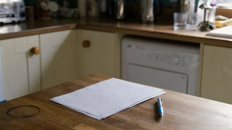 Blank sheets of paper and a blue pen on a worn wooden kitchen table, cream cupboards behind