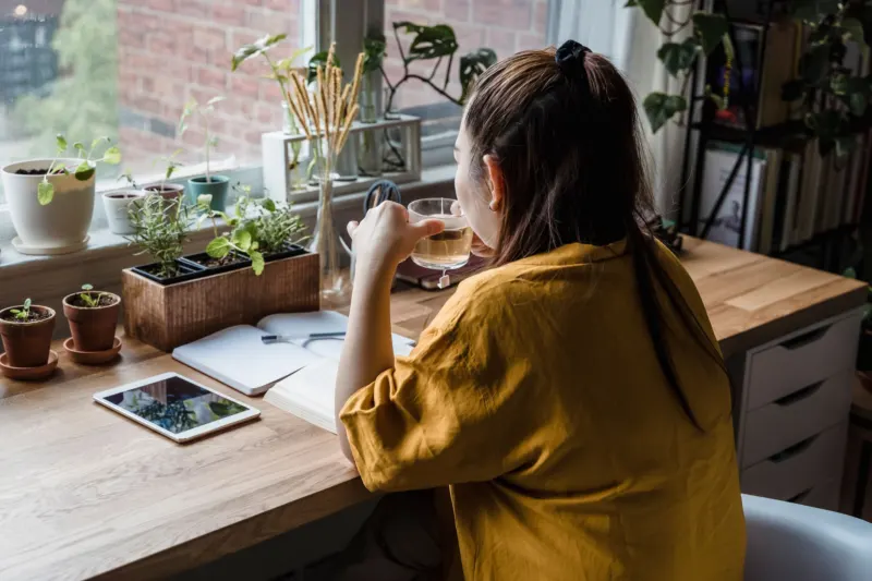 Seen from behind, a woman at a wooden desk sips tea and looks towards a window lined with potted herbs, a tablet lying dark beside her.