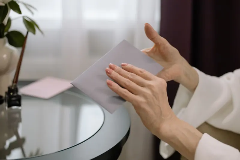 An older woman's hands hold a plain grey envelope beside a glass-topped table in soft window light